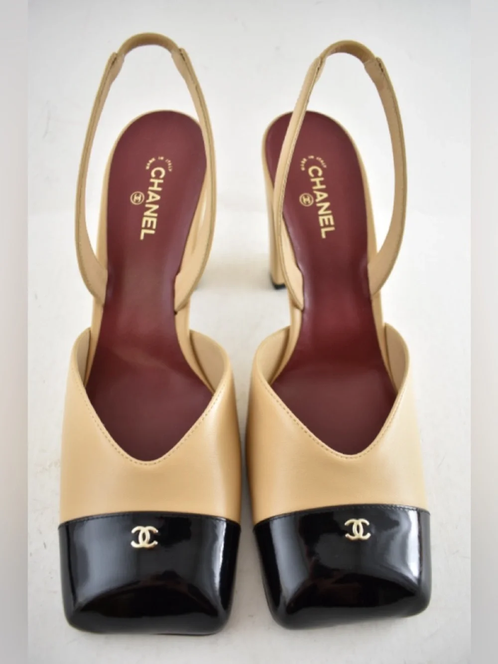 Chanel 26S Blazy Beige Black Square Toe Sling CC Slingback Block Heel Pump 40 - Picture 9 of 16